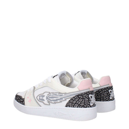 Enterprise Japan White Leather Athletic Sneakers with grey side and pink back detail, featuring a sporty glam style and lace-up closure.