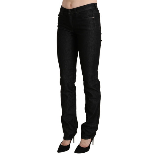 Ermanno Scervino Black Mid Waist Skinny Slim Denim Trouser with zipper closure and logo details, made of 100% cotton.