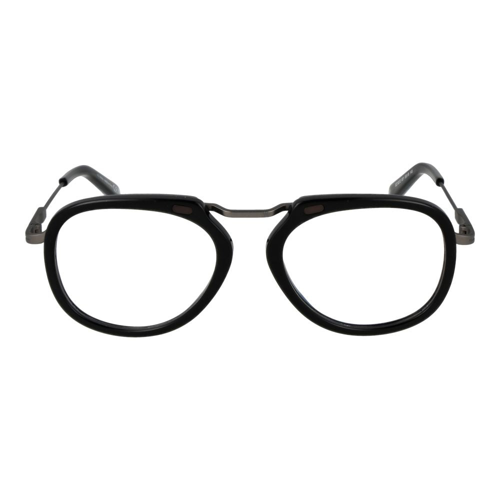 Ermenegildo Zegna Black Men Glasses Frame, full-rim round style with plastic black frame, size 52-18-150, branded case included.
