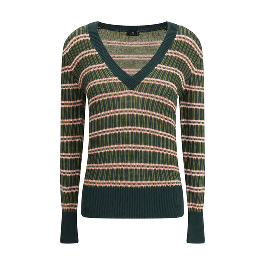 Etro Green Wool Sweatshirt with multicolored jacquard pattern, V-neckline, and contrasting ribbed trim on cuffs and hem.