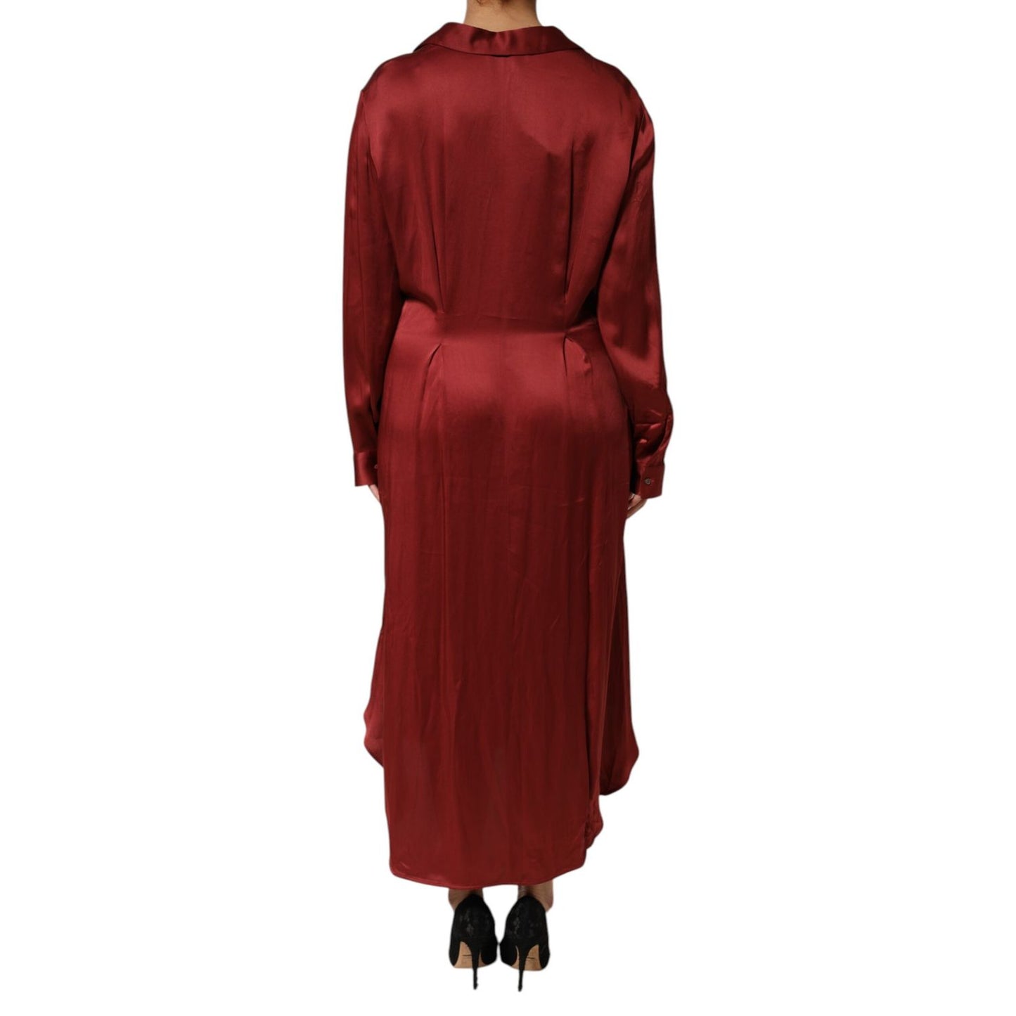 Back view of Fabiana Filippi Burgundy Acetate Viscose Satin Long Dress with collared neckline and flowy midi silhouette.