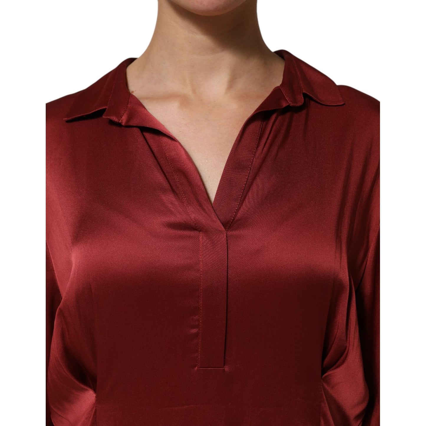 Close-up of Fabiana Filippi Burgundy Acetate Viscose Satin Long Dress with collared neckline and satin finish.