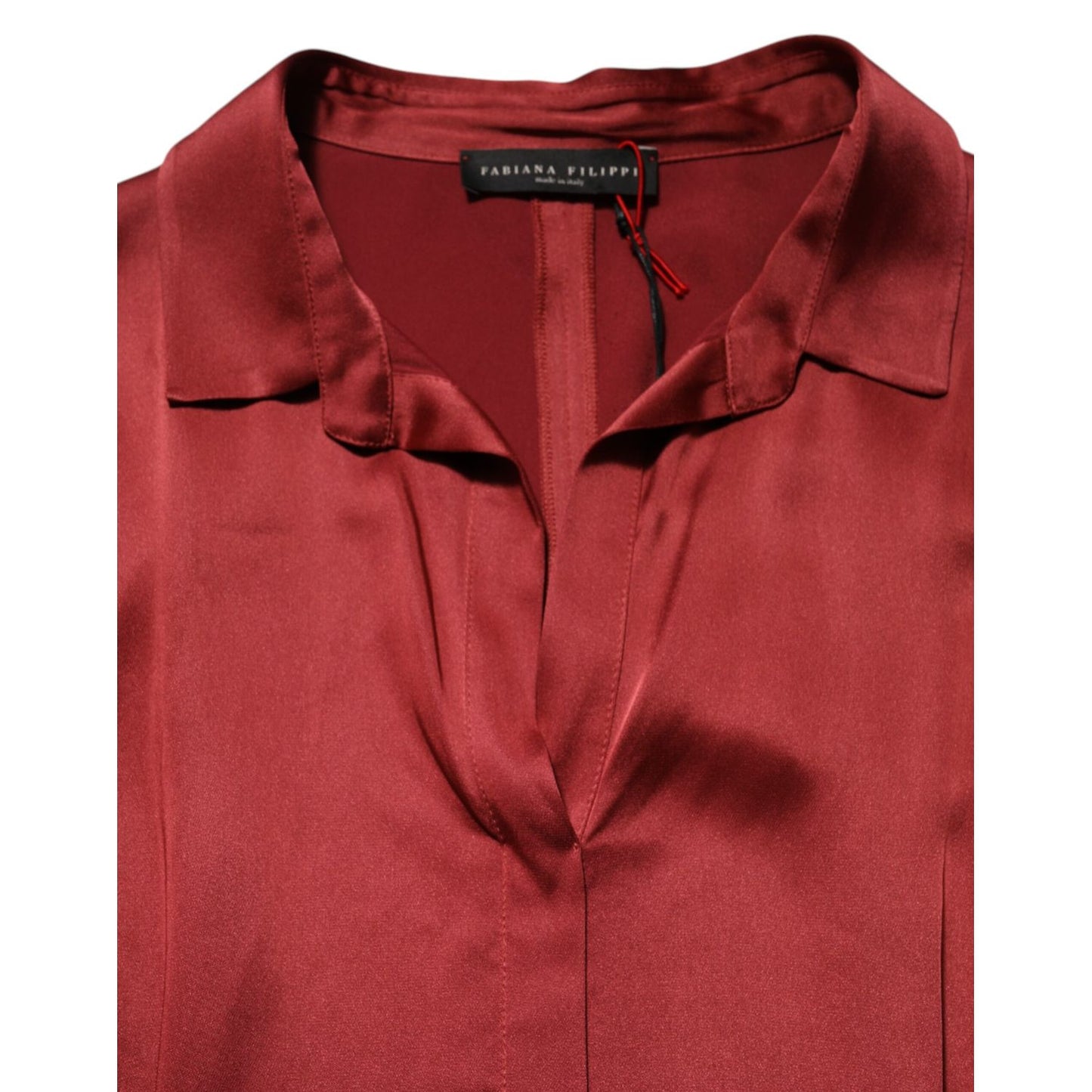 Fabiana Filippi Burgundy Acetate Viscose Satin Long Dress with a collared neckline.