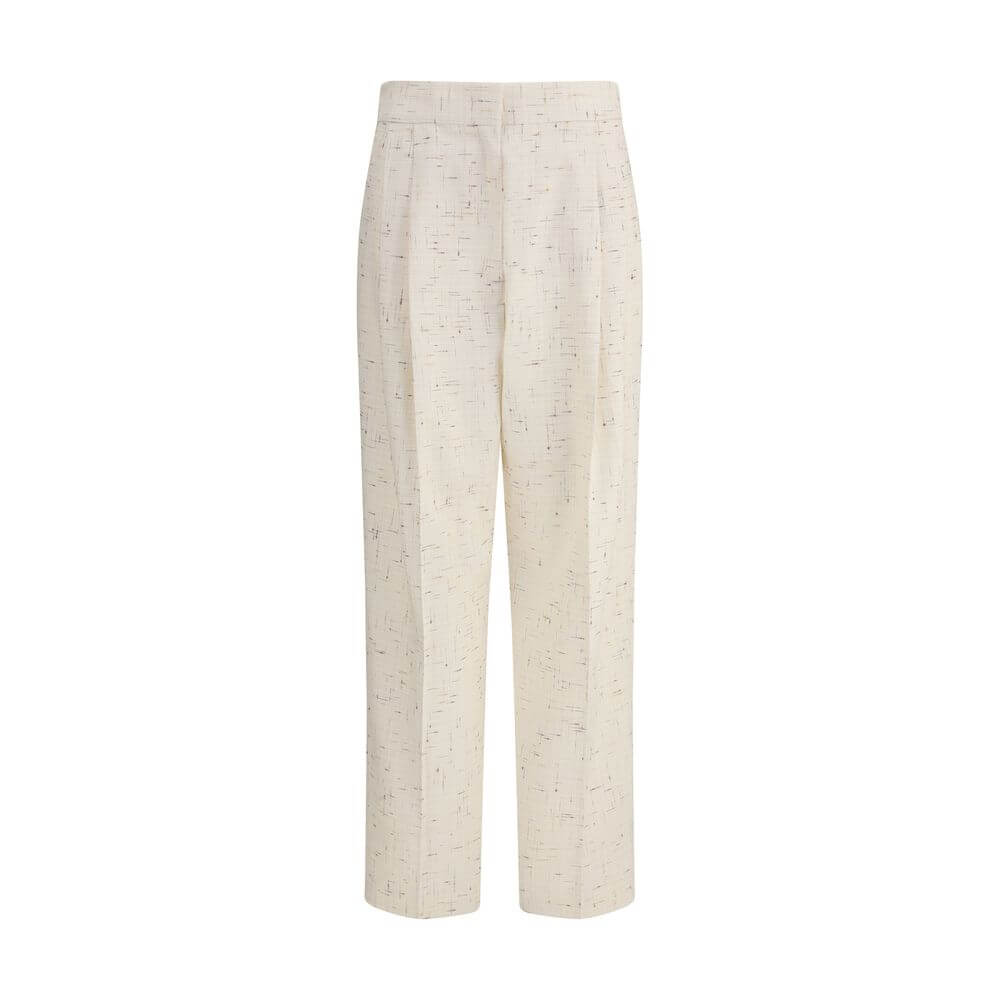 Fabiana Filippi Cream Cotton Casual Pants with pleats, straight leg, and welt pockets, perfect for an elegant yet casual style.