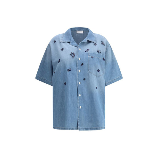Fabiana Filippi Short sleeve denim Shirt with sequins and beads, classic collar, patch pocket, button closure, 100% cotton, made in Italy.