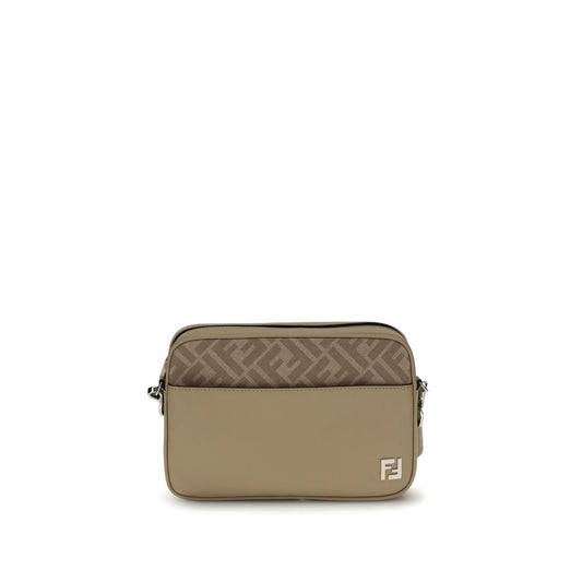 Fendi Beige Leather Shoulder Bag with FF canvas, metal appliqué, exterior pocket, and crossbody strap.