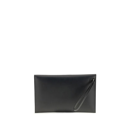 Fendi Black Leather Clutch Bag with cuff handle and sleek design, featuring a snap-button closure and interior card slots for organization.