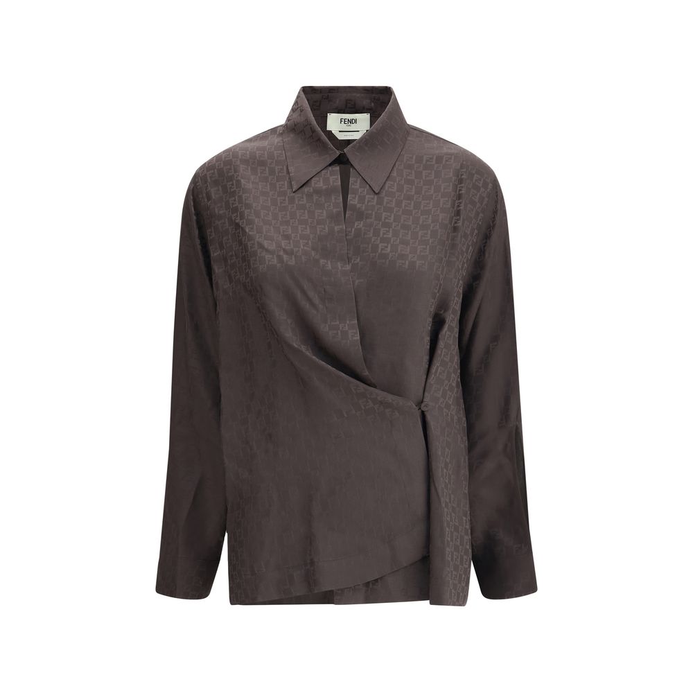 Fendi Brown Silk Dress Shirt with FF motif, short point collar, and wrap-around closure for elegant style.