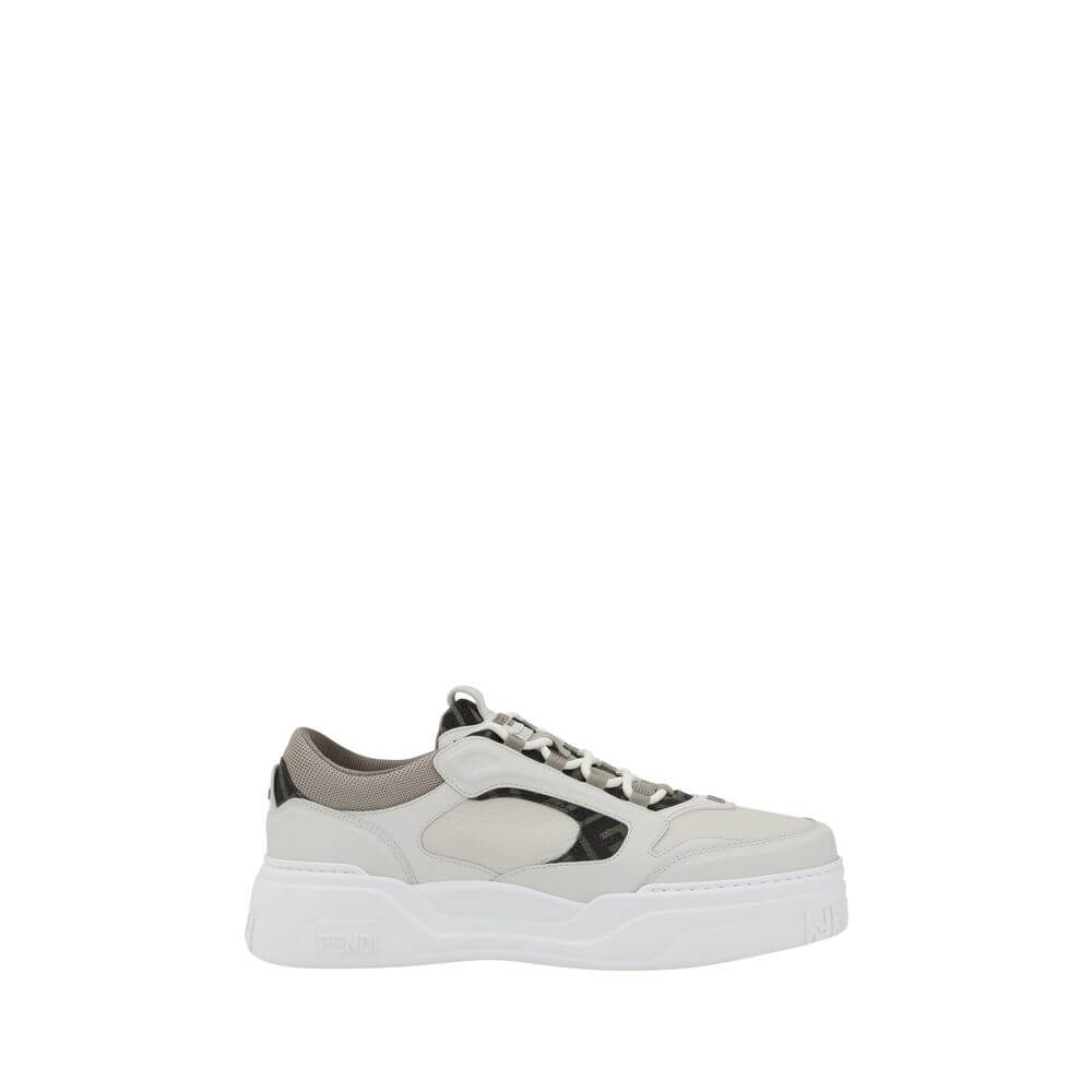 Fendi White Calf Leather Bos Taurus Low Top Sneakers with paneled design and textured sole for urban style and comfort.