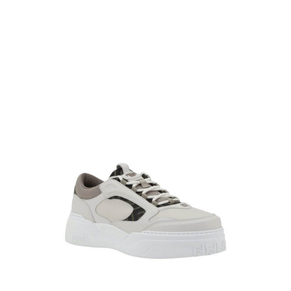 Fendi White Calf Leather Bos Taurus Low Top Sneakers with paneled design and textured sole for urban style and comfort.