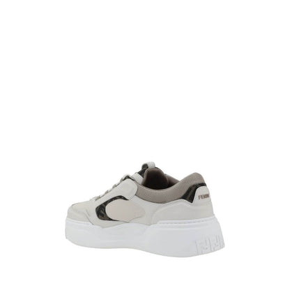 Fendi White Calf Leather Bos Taurus Low Top Sneakers showcasing a sleek rear view, textured sole, and iconic logo detail.