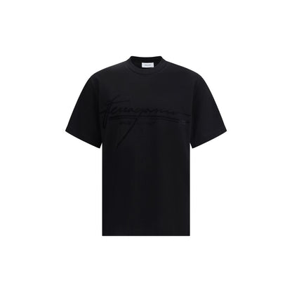 Ferragamo Black Cotton T-Shirt with iconic tone-on-tone signature, ribbed crew neck, and soft cotton fabric for an elegant look.