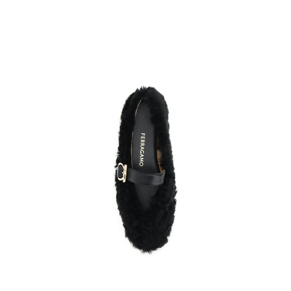 Ferragamo Black Fur Ballet Flats with Gancini buckle and curly shearling lining