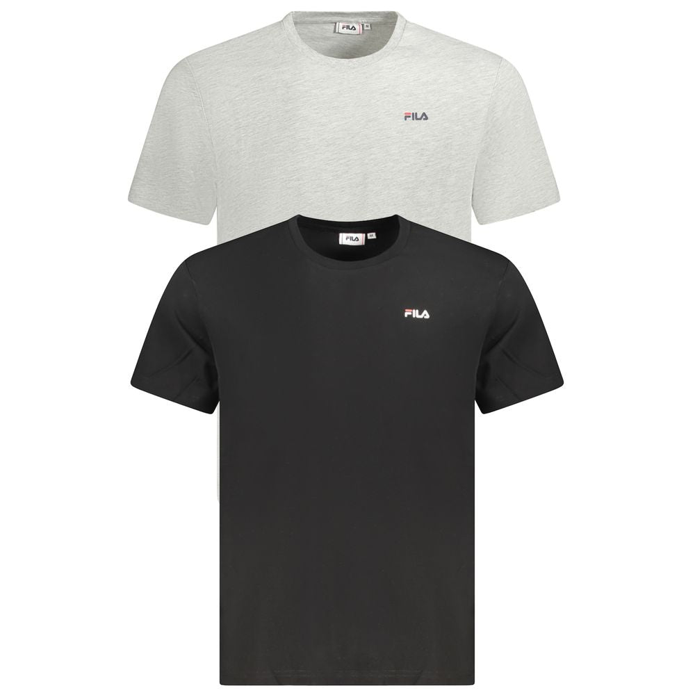 Fila Black Cotton Men T-Shirt with grey variant, organic cotton crew neck, bold print and logo, statement streetwear fashion.