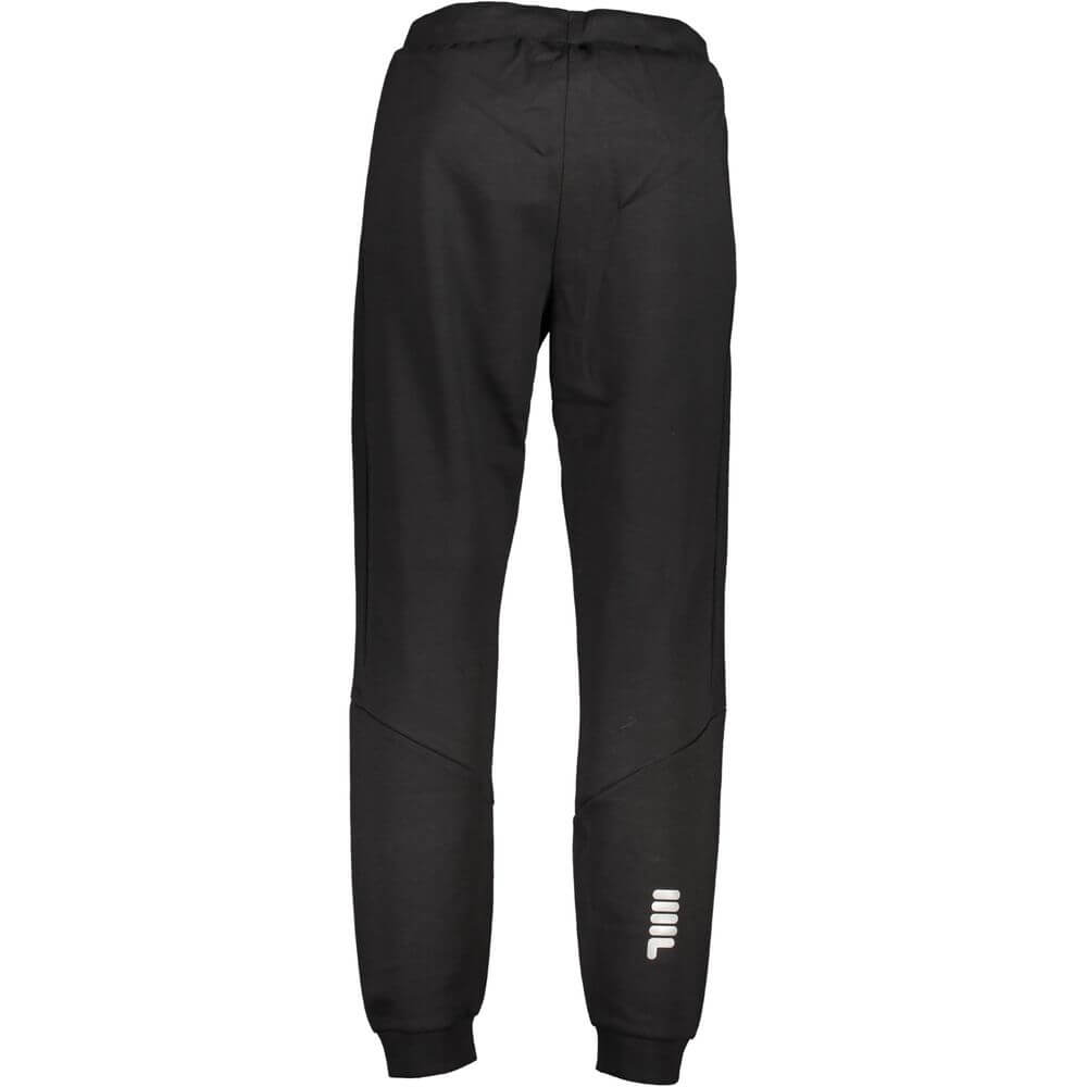 Fila Black Cotton Pant with elastic waist, laces, 2 pockets, ankle cuffs, print, and logo. Sports trousers for activewear.