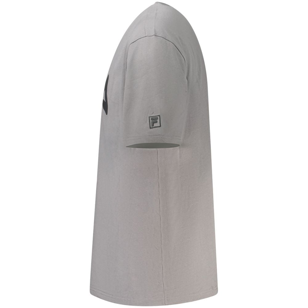 Side view of Fila Gray Cotton Men T-Shirt with logo, featuring urban cool design and comfortable loose fit, perfect for casual style.