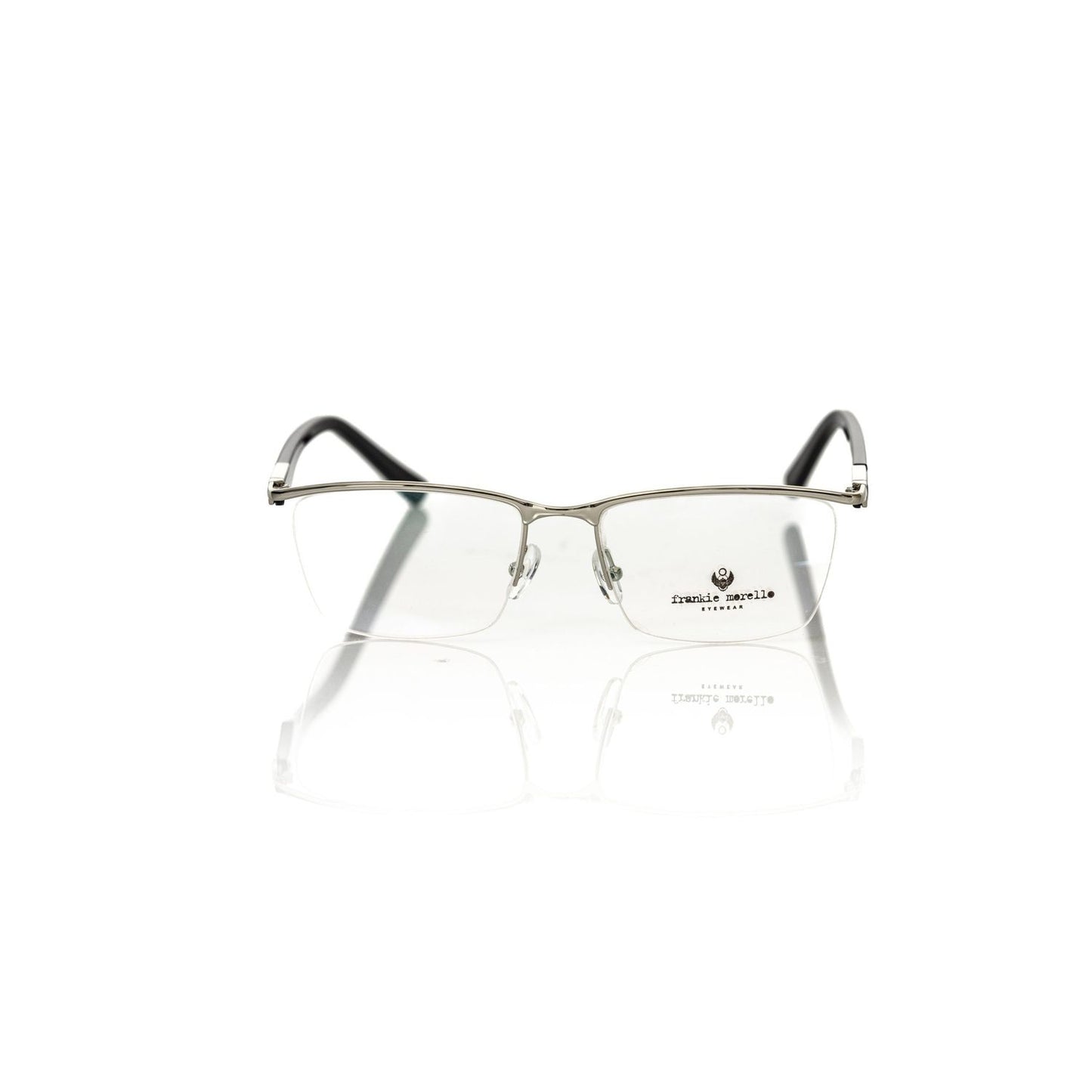 Frankie Morello Black Metallic Unisex Frame eyeglasses on display, showcasing sleek black metallic design with logo detail.