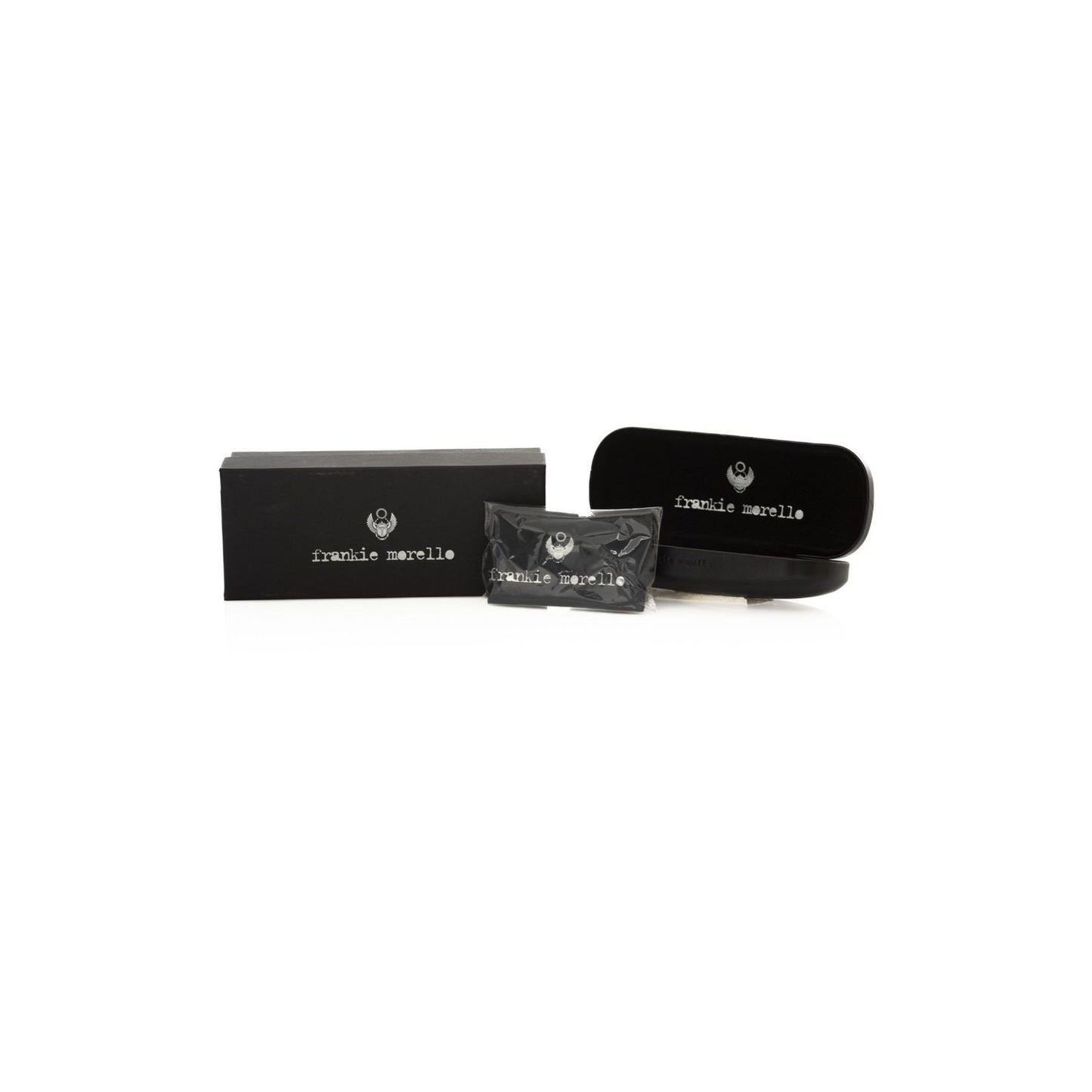 Frankie Morello Gray Metallic Unisex Eyeglass Frame packaging with logo on black case and box.