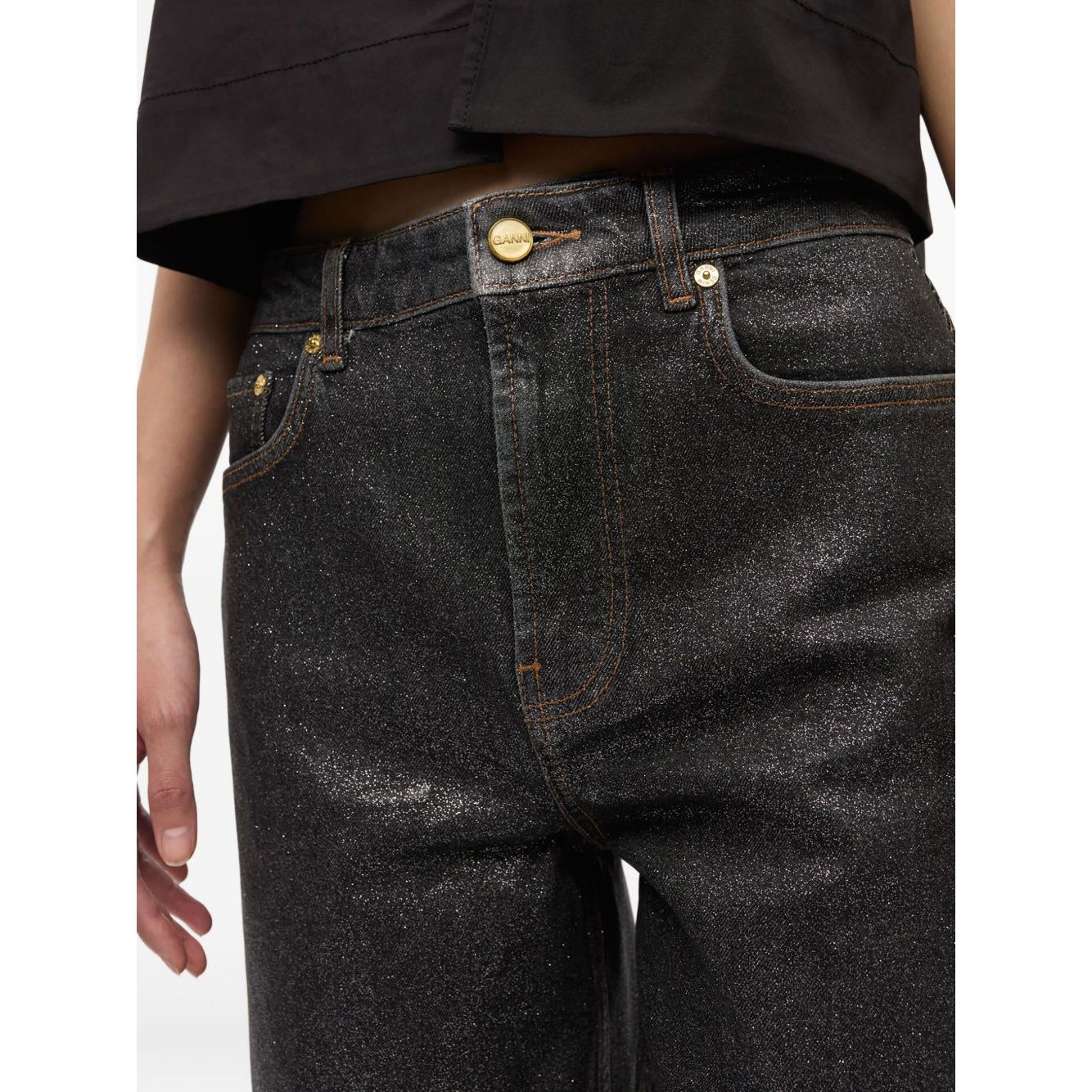 GANNI Jeans Black in organic cotton denim with classic five pockets and front button fastening, featuring belt loops and stylish design.