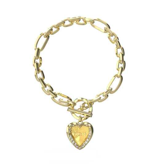 Elegant heart-shaped bracelet from GUESS JEWELS JEWELRY Mod. JUBB04599JWYGS showcasing a gold chain with a sparkling charm.