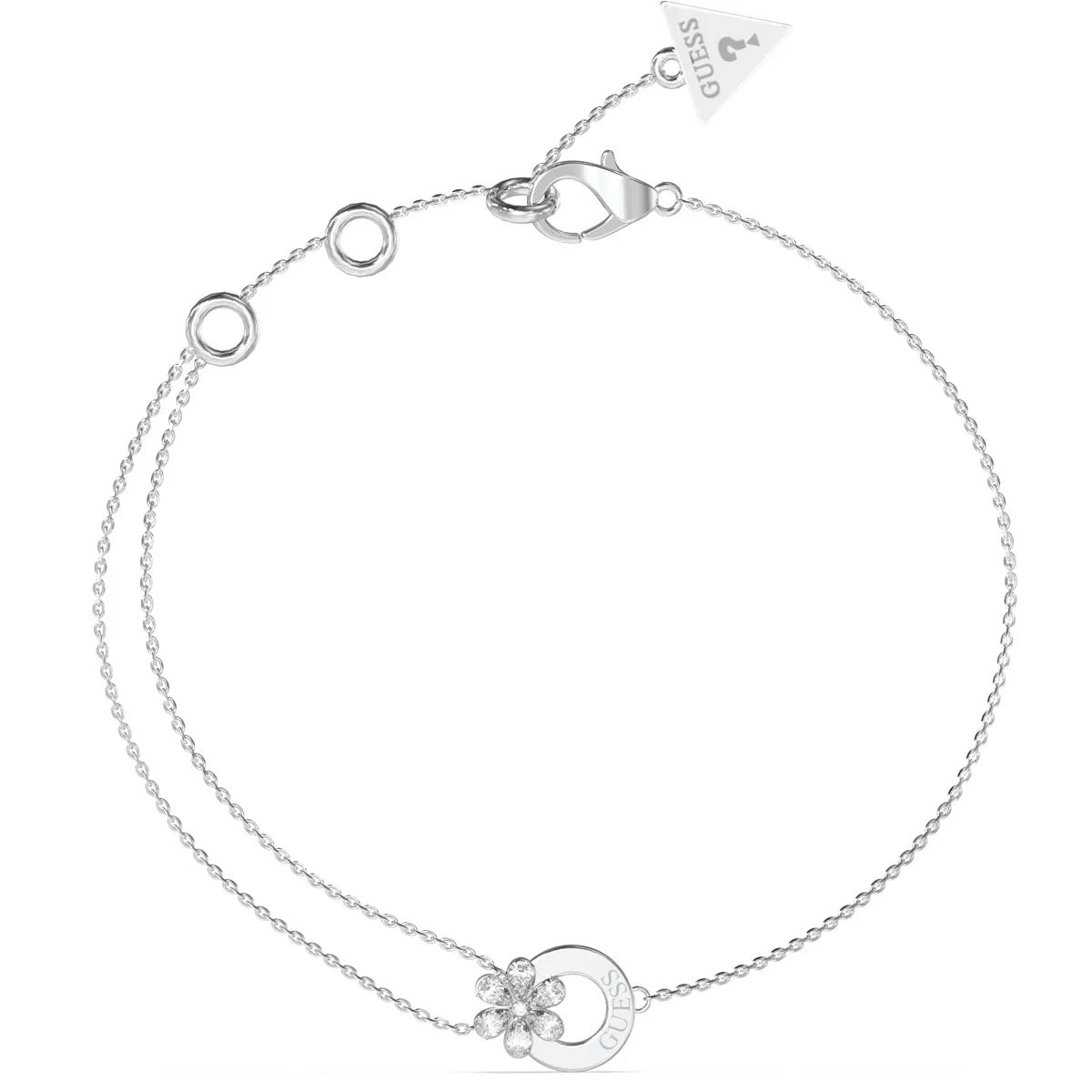 Delicate silver bracelet from GUESS JEWELS JEWELRY Mod. JUBB05111JWRHS with floral charm and adjustable clasp.