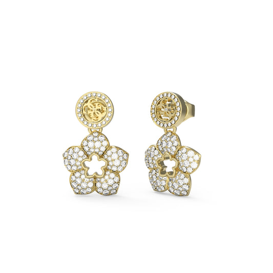 Gold floral earrings from GUESS JEWELS JEWELRY Mod. JUBE04471JWYGT-U collection with intricate detailing and sparkling accents.