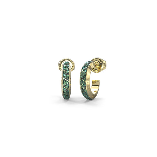 Elegant hoop earrings from GUESS JEWELS JEWELRY Mod. JUBE04574JWYGEMT-U with green gemstones on a gold band, front view.