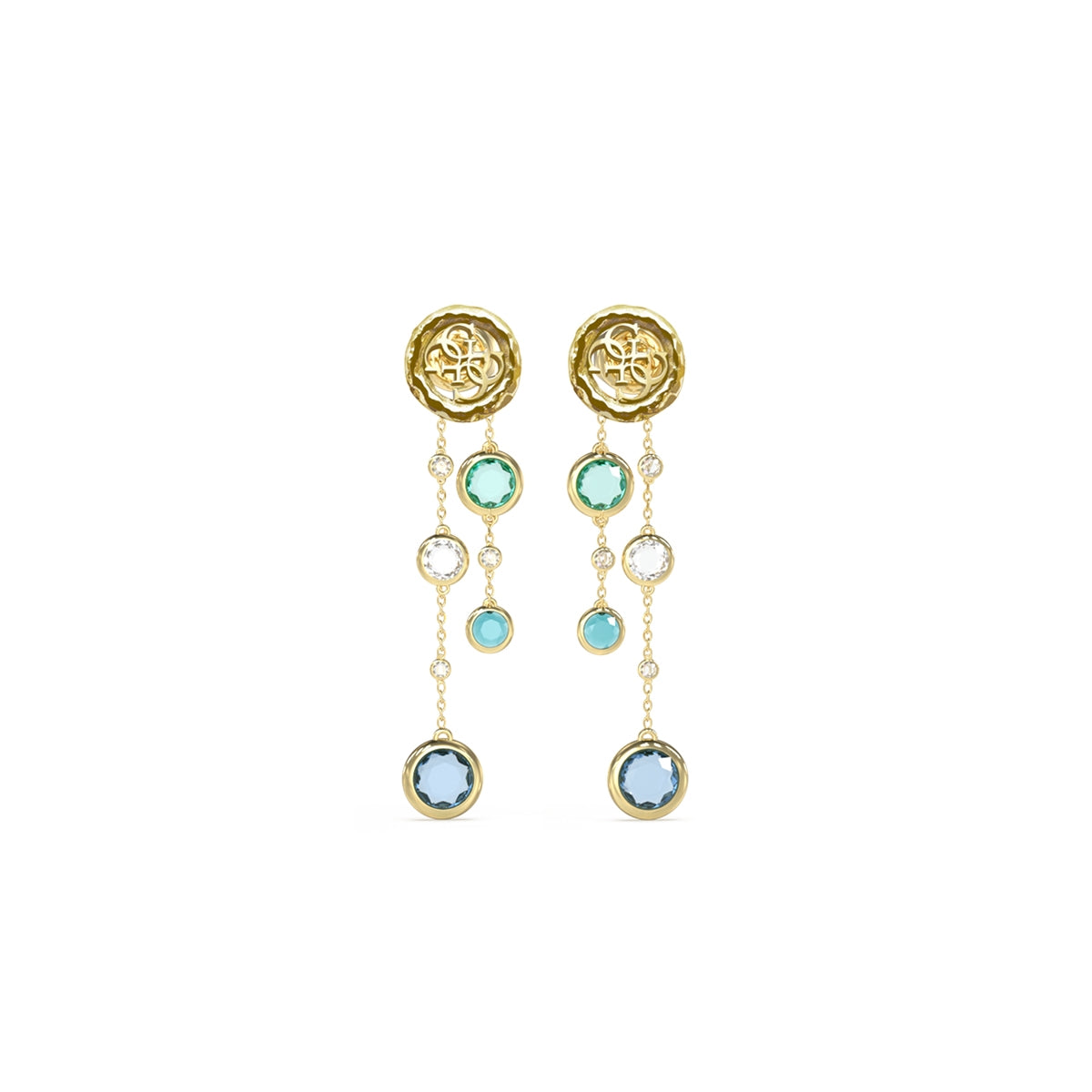 Alt Tag: GUESS JEWELS JEWELRY Mod. JUBE05091JWYGAQT-U gold and blue multi-gemstone dangle earrings