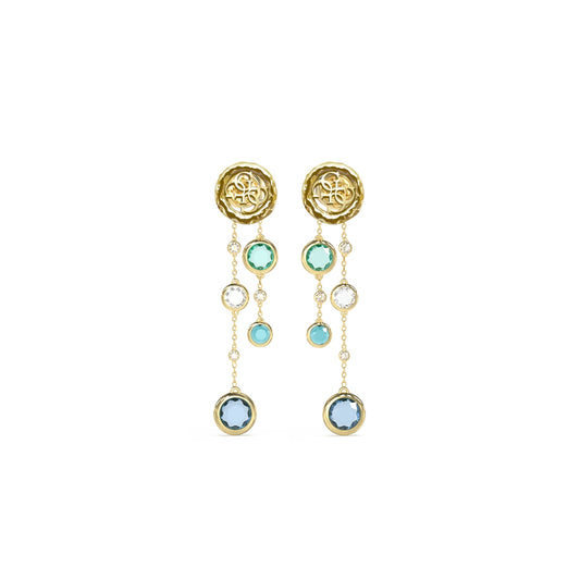 Alt Tag: GUESS JEWELS JEWELRY Mod. JUBE05091JWYGAQT-U gold and blue multi-gemstone dangle earrings