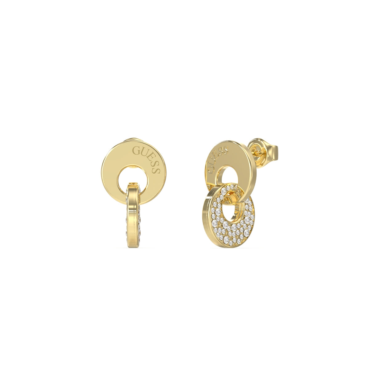 Gold earrings, GUESS JEWELS JEWELRY Mod. JUBE05221JWYGT-U, featuring circular design and sparkling accents.
