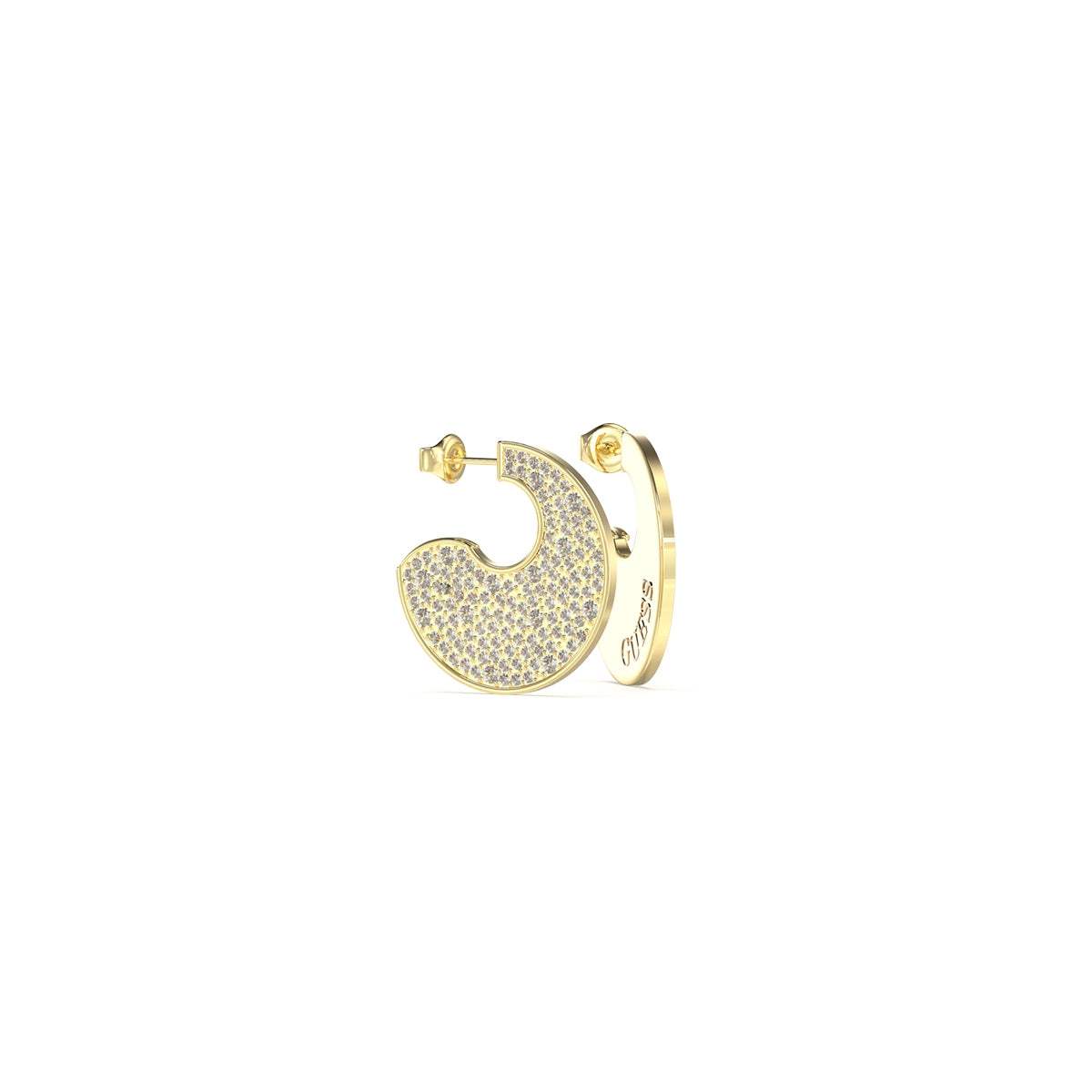 Gold earring from GUESS JEWELS JEWELRY Mod. JUBE05229JWYGT-U featuring intricate design and Guess logo engraving.