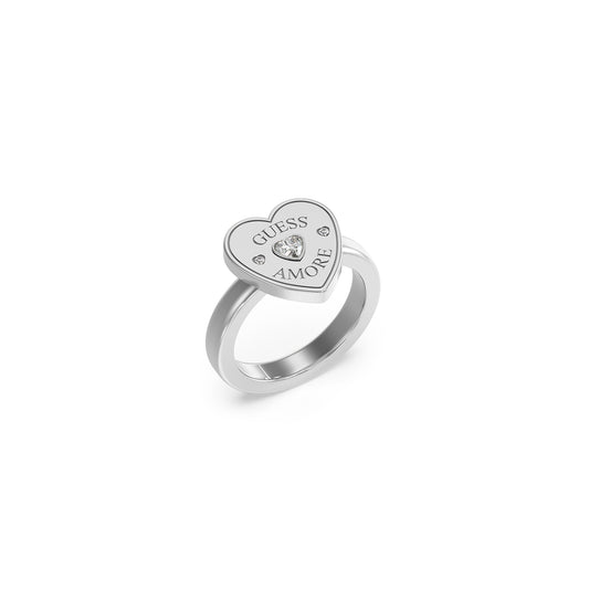 GUESS JEWELS JEWELRY Mod. JUBR05059JWRH54 featuring a silver heart-shaped ring with 'Guess Amore' engraving and crystal accents.