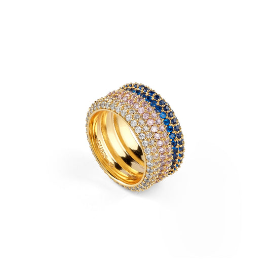 Sparkling multi-color ring from GUESS JEWELS JEWELRY Mod. JUBR05140JWYGBL56, featuring intricate gemstone detailing on a gold band.