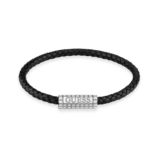 GUESS JEWELS JEWELRY Mod. JUMB05035JWSTBKS, black braided bracelet with silver GUESS logo clasp