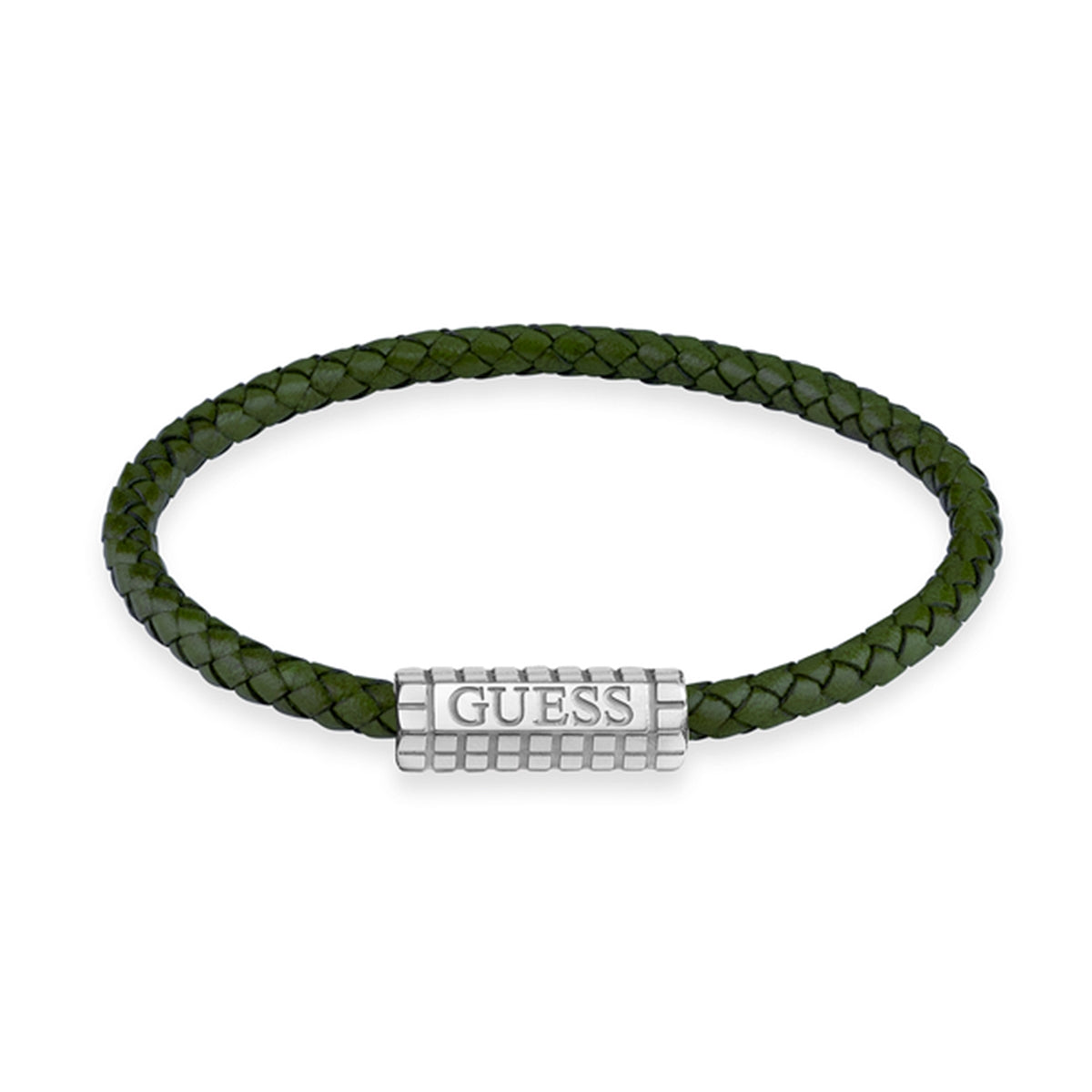 GREEN braided bracelet with GUESS logo charm.
