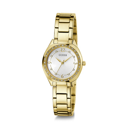GUESS Mod. CHARLOTTE ladies wristwatch in IP gold with 30 mm case, 3 ATM water resistance, and quartz movement.