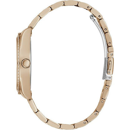 Side view of GUESS Mod. GW0307L3 watch with rose gold bracelet, showcasing quartz analog movement and 36mm case.