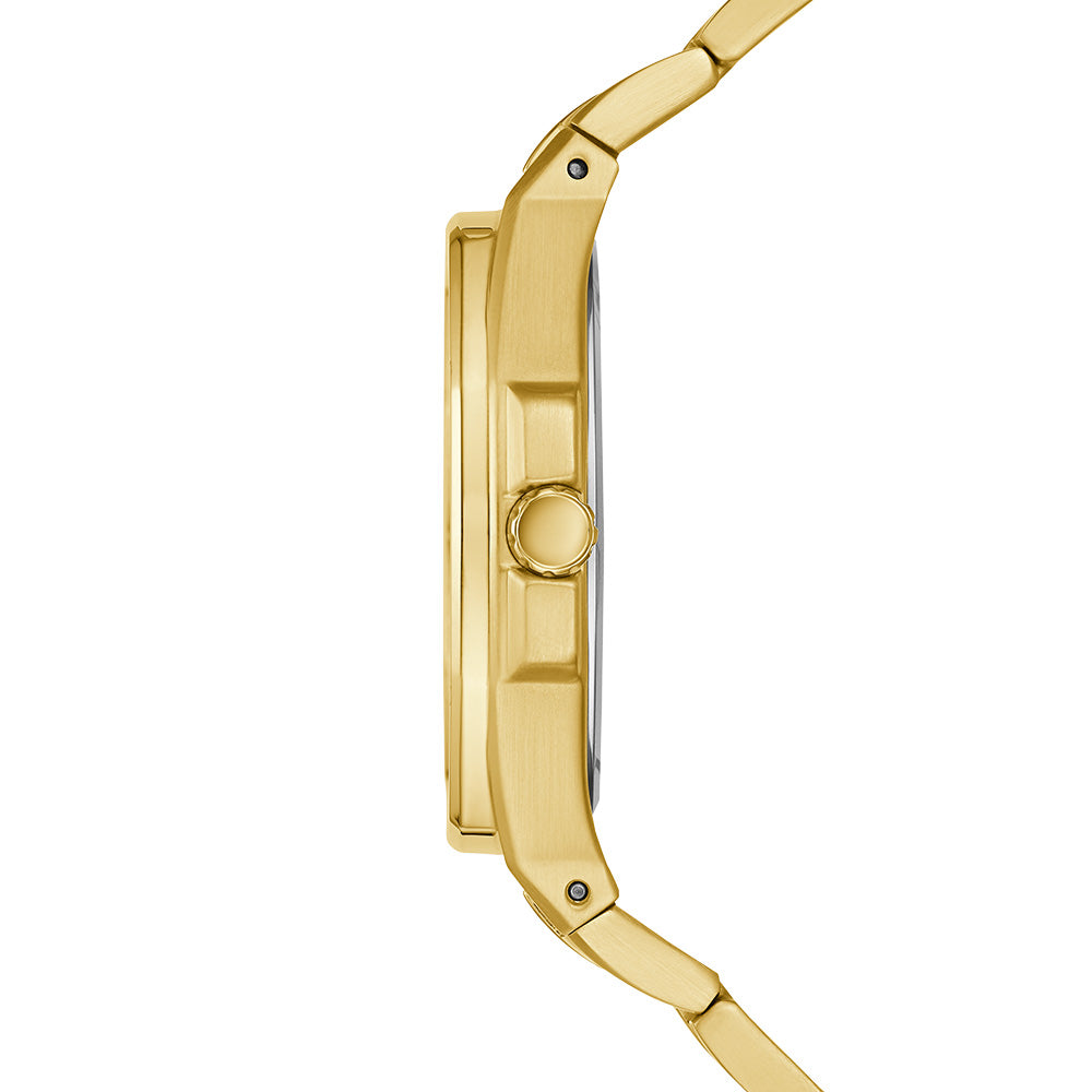 Side view of GUESS Mod. GW0310L2 with gold finish, quartz analog movement, and 40mm mineral case for ladies.