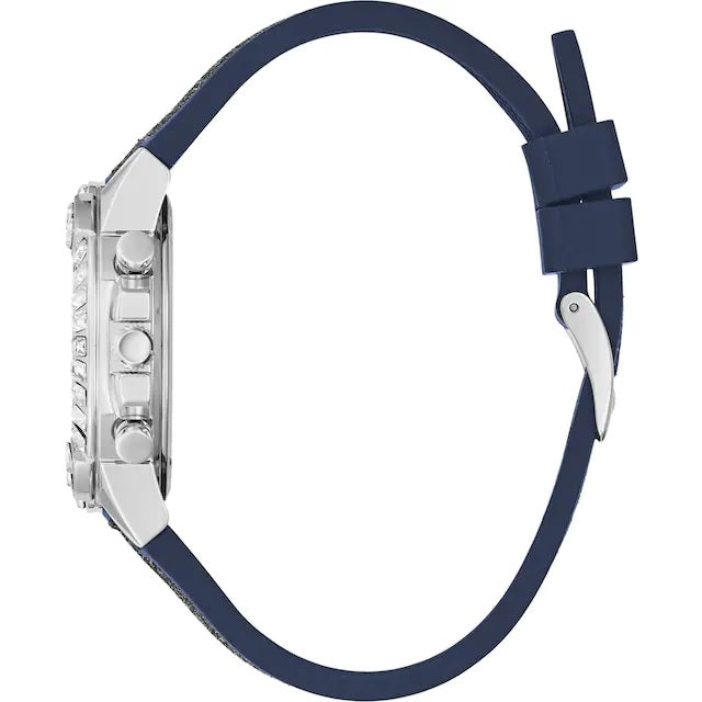 Side view of GUESS Mod. GW0313L1 watch with blue strap and silver case, showcasing quartz analog movement and 5 ATM water resistance.