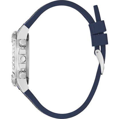 Side view of GUESS Mod. GW0313L1 watch with blue strap and silver case, showcasing quartz analog movement and 5 ATM water resistance.