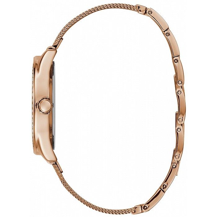 Side view of GUESS Mod. W1142L4 watch with silver 925° material: 3 ATM water resistant, quartz analog movement, 37 mm case.