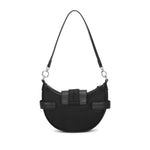 Ganni Bucky Small Shoulder Bag in black recycled nylon with embossed logo, front buckle, and adjustable strap, sustainable fashion accessory.