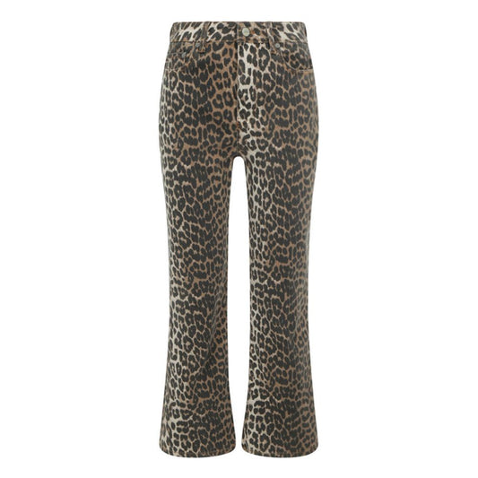 Ganni Multicolor Cotton Casual Pants with animal print, five-pocket flare design, zipper and logo button closure.