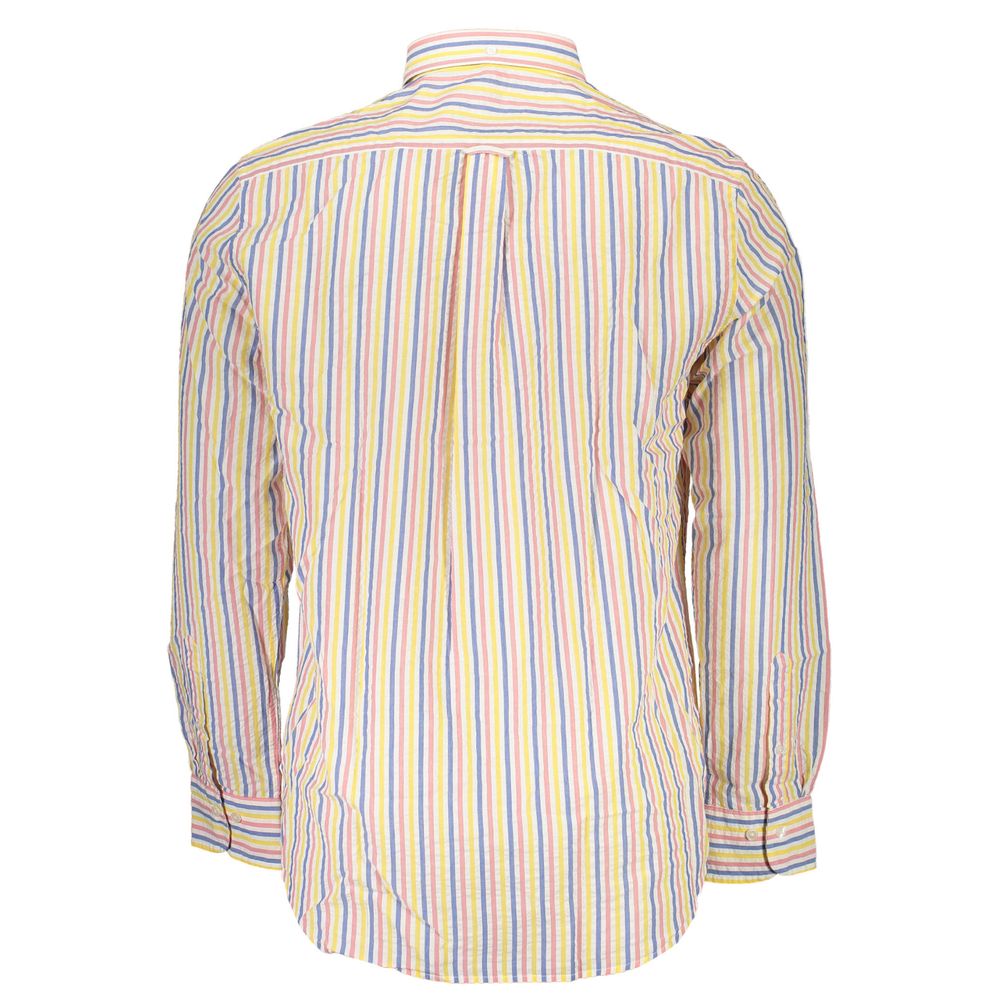 Back view of a striped mens shirt with multiple colors. Long sleeves and a classic fit, suitable for casual and formal occasions.
