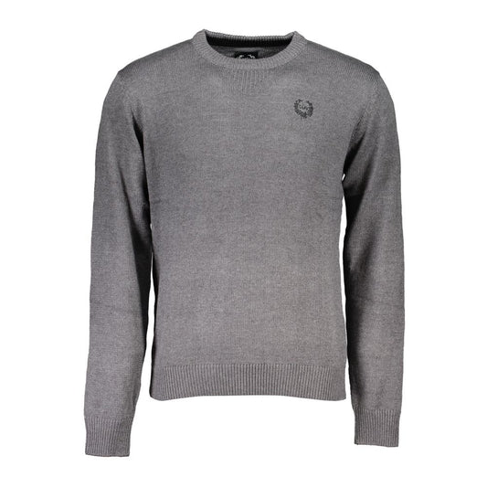 Gianmarco Venturi Gray Cotton Sweater with embroidery logo, long sleeves, and crew neck.