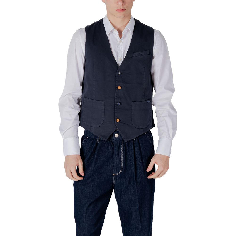 Man wearing Gianni Lupo Blue Cotton Waistcoat with three buttons and two pockets