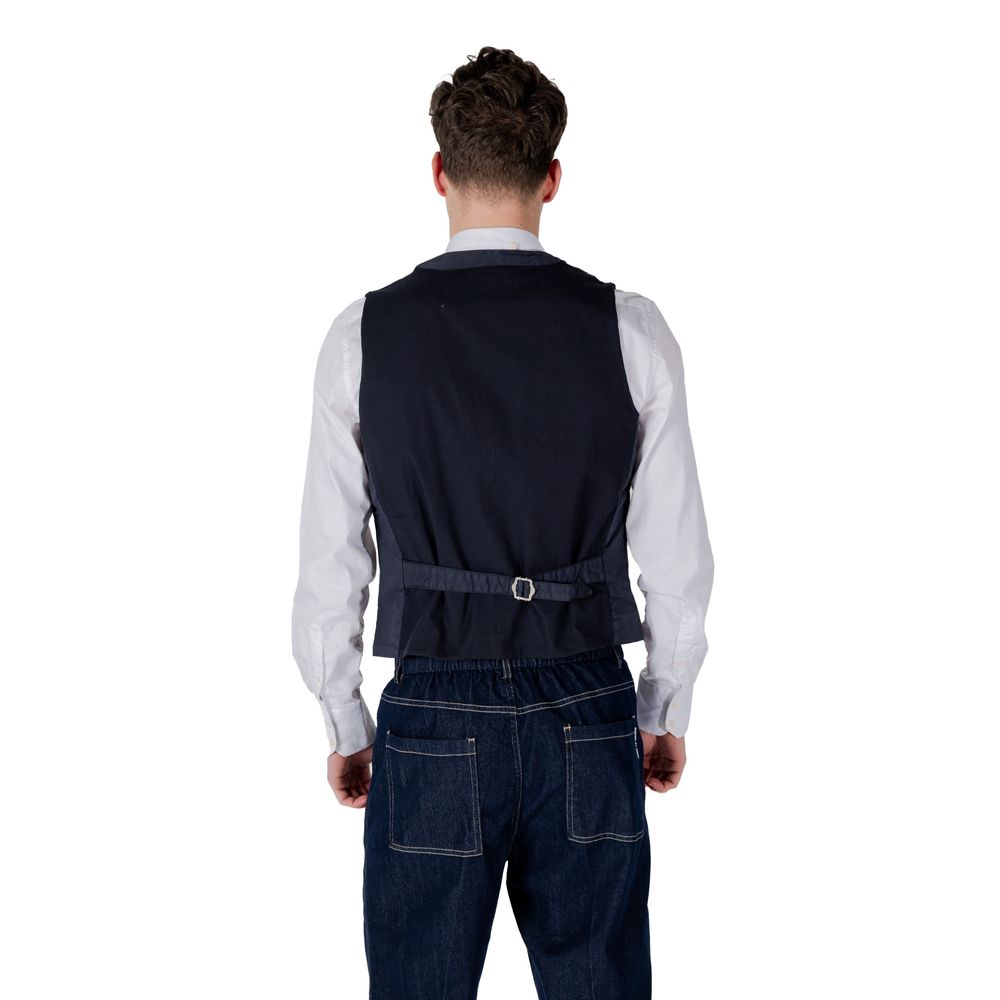 Back view of Gianni Lupo Blue Cotton Waistcoat worn by model, featuring casual design and adjustable strap, perfect for versatile styling.