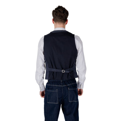 Back view of Gianni Lupo Blue Cotton Waistcoat worn by model, featuring casual design and adjustable strap, perfect for versatile styling.