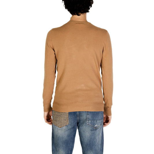 Back view of a man wearing a Gianni Lupo Brown Polyester Sweater with jeans, showcasing men's fall/winter knitwear collection.