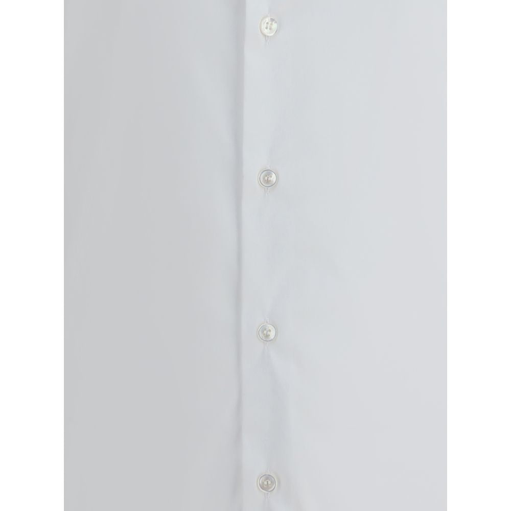 Close-up of Giorgio Armani White Cotton Dress Shirt with pearl button closure.